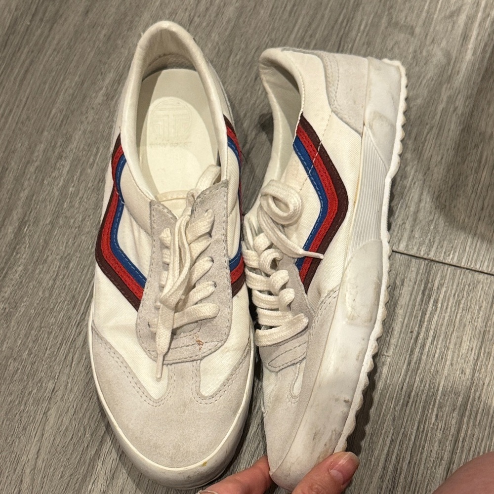 Tory Sport White Canvas & Suede Sneakers with Red and Blue Stripe